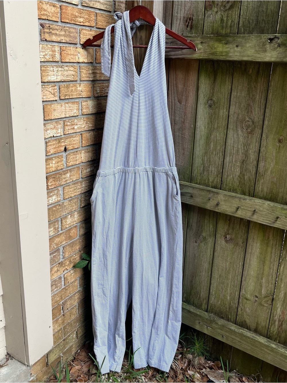 Pact Blue/Gray and White Striped Halter Jumpsuit Organic Cotton Blend